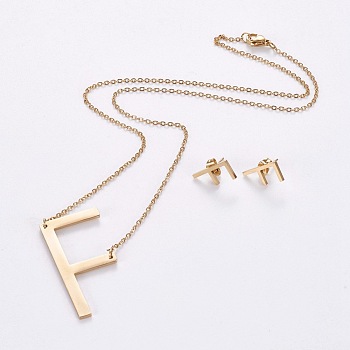 304 Stainless Steel jewelry Sets, Stud Earring and Pendant Necklaces, Alphabet, Golden, Letter.F, 18.7 inch~20.2 inch(47.5~51.3cm), 15x7~12mm, Pin: 0.8mm
