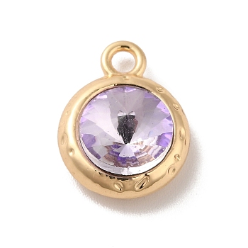 Glass Pendants, Rack Plating Golden Alloy Findings, Nickel Free, Flat Round Charms, Lilac, 15x11.5x6mm, Hole: 2mm