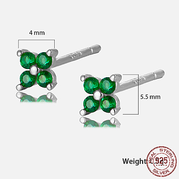 Platinum Rhodium Plated Sterling Silver Flower Stud Earrings, with Cubic Zirconia, with S925 Stamp, Green, 4x4mm