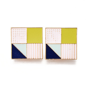 Alloy Enamel Brooches, Enamel Pin, with Brass Butterfly Clutches, Square, Light Gold, Cadmium Free & Nickel Free & Lead Free, Colorful, 20x20x2mm, Pin: 1mm