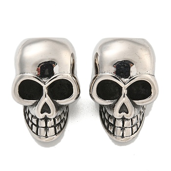 316 Surgical Stainless Steel European Beads, Large Hole Beads, Skull, Antique Silver, 23x14x15mm, Hole: 9mm