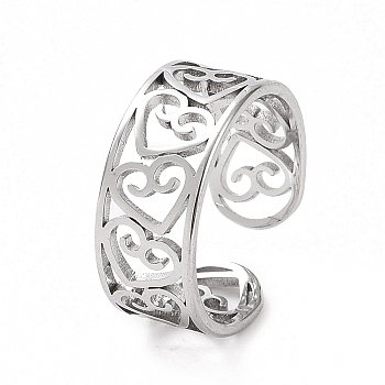 304 Stainless Steel Hollow Out Heart Open Cuff Ring for Women, Stainless Steel Color, US Size 6(16.5mm)