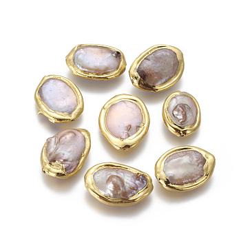 Natural Cultured Freshwater Pearl Beads, with Brass Findings, Nuggets, Tan, Golden, 19~22x12.5~15x4~9mm, Hole: 0.7mm