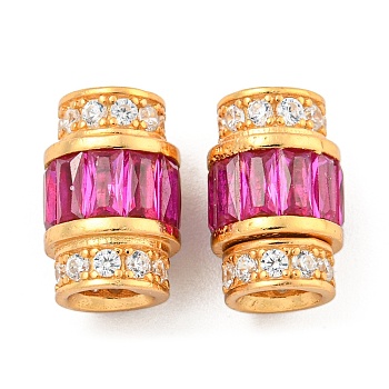 925 Sterling Silver Micro Pave Cubic Zirconia Screw Clasps, Column, Real 18K Gold Plated, Medium Violet Red, 11x7mm, Hole: 3.5mm