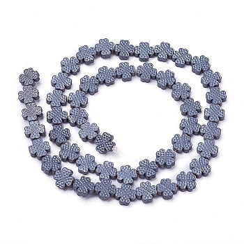 Non-magnetic Synthetic Hematite Beads Strands, Frosted, Clover, 8x8x2.5~2.7mm, Hole: 1mm, about 50pcs/strand, 16.1 inch(41m)