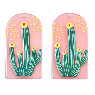 Translucent Acrylic Pendants, 3D Printed, Half Oval with Cactus, Pink, 39x21x2.5mm, Hole: 1.6mm(X-KY-S158-72)