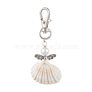 Angel Alloy & Wire Wrapped Natural Shell Pendant Decorations, Swivel Clasps Charms for Bag Ornaments, Antique Silver & Platinum, 75mm(HJEW-JM02017-04)