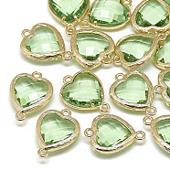 Glass Links connectors, with Golden Tone Brass Findings, Faceted, Heart, Light Green, 16x11.5x4.5mm, Hole: 1mm(GLAA-Q068-09B-09)
