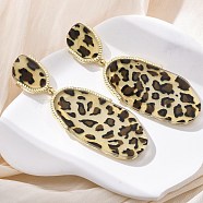 Alloy acrylic Dangle Stud Earrings, Long Leopard Print with Oval, Golden, 80x28mm(EJEW-M074-01G-01)