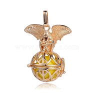 Golden Plated Brass Hollow Round Cage Pendants, with No Hole Spray Painted Brass Beads, Yellow, 38x31x20mm, Hole: 3x8mm(KK-J252-10G)