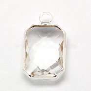 Silver Color Plated Brass Glass Rectangle Octagon Pendants, Faceted, Clear, 22x14x5mm, Hole: 2mm(GLAA-M009-C-03S)
