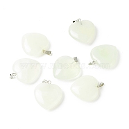Natural New Jade Pendants, with Platinum Tone Brass Findings, Heart, 27~28x24.5~26x6~8.5mm, Hole: 2.4x5.6mm(G-G956-B55-FF)