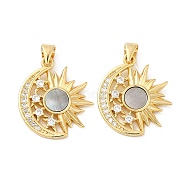 Brass Micro Pave Cubic Zirconia Pendants, with Shell, Long Lasting Plated. Cadmium Free & Lead Free, Moon & Sun, Real 18K Gold Plated, 22.5x19.5x2mm, Hole: 4.5x3.5mm(ZIRC-P110-03G)