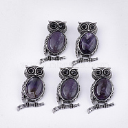 Natural Amethyst Brooches/Pendants, with Rhinestone and Alloy Findings, Owl, Antique Silver, 51x28~29x15~16.5mm, Hole: 4.5x8.5mm, Pin: 0.5mm(G-S353-05A)