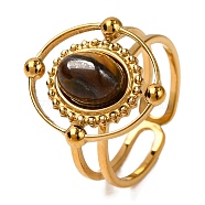 Oval Natural Tiger Eye Finger Rings, Golden Tone 304 Stainless Steel Open Cuff Rings for Women, Oval: 18x16mm, Inner Diameter: Adjustable(RJEW-Q822-30G-03)