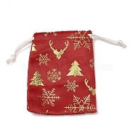 Gold Stamping Christmas Velvet Storage Bags, Drawstring Bags, Rectangle, Red, Deer, 12x9x0.01cm(ABAG-Q053-01A-01B)