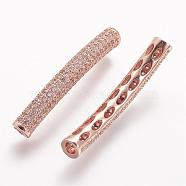 Brass Micro Pave Cubic Zirconia Tube Beads, Tube, Curved, Clear, Rose Gold, 31.5x4.2mm, Hole: 2mm(ZIRC-N025-60RG)