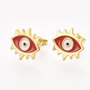 Brass Stud Earrings, with Enamel and Ear Nuts, Eye, Red, 13.5x14mm, Pin: 0.7mm(EJEW-S201-191A)