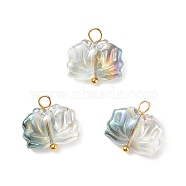Electroplate Glass Pendants, with Golden Plated Brass Loops, Lotus, Green Plated, 14x14x6.5mm, Hole: 2mm(PALLOY-JF01540)