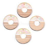 Transparent Resin & White Wood Pendants, Donut/Pi Disc Charms with Paillettes, Clear, 28x3.5mm, Hole: 2mm(RESI-N039-31)