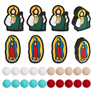 36Pcs 6 Style Food Grade Eco-Friendly Silicone Beads, Chewing Beads For Teethers, DIY Nursing Necklaces Making, Virgin Mary & Jesus & Round, Mixed Color, 12~33.5x12~24x8~12mm, Hole: 2~2.3mm, 6pcs/style(SIL-CA0002-05)