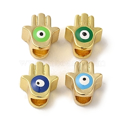 Brass Enamel Beads, Real 18K Gold Plated, Hamsa Hand with Evil Eye, Mixed Color, 11x10x7.5mm, Hole: 4.2mm(KK-R162-054G)