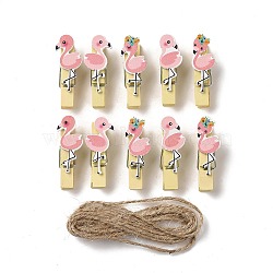 Wooden & Iron Clothes Pins, Flamingo Theme, with Hemp Rope for Hanging Note, Photo, Clothes, Office School Supplies, BurlyWood, Clip: 39x12~15x12mm, 5 style, 2pcs/style, 10pcs(AJEW-H137-01)