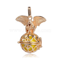 Golden Plated Brass Hollow Round Cage Pendants, with No Hole Spray Painted Brass Beads, Yellow, 38x31x20mm, Hole: 3x8mm(KK-J252-10G)