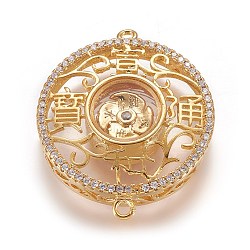 Brass Micro Pave Cubic Zirconia Links, with Glass, Flat Round with Chinese Character, Golden, 28x23x7mm, Hole: 1mm(KK-F773-07G-03)