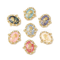 Epoxy Resin & Shell Connector Charms, Rack Plating Brass Pave Clear Cubic Zirconia Oval Links, 18K Gold Plated, Long-lasting Plated, Cadmium Free & Lead Free, Flower, 20x19x3mm, Hole: 1.2mm(KK-K380-10A-G)