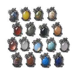 Natural & Synthetic Mixed Gemstone Pendants, Oval Charms with Brass Leaves, Antique Silver, Lead Free & Cadmium Free, Mixed Dyed and Undyed, 28x21x9mm, Hole: 6.5x3mm(G-H083-01AS)