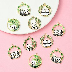 10Pcs 5 Style Alloy Enamel Pendants, Cadmium Free & Nickel Free & Lead Free, Golden, Flat Round with Bamboo and Panda Charm, Mixed Color, 27~28x24.5~25.5x1.2~1.5mm, Hole: 1.8~2mm, 2pcs/style(ENAM-YW0003-75)