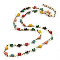 Ion Plating(IP) Golden 304 Stainless Steel Heart Link Chain Necklaces, with Enamel, Colorful, 17.72~17.91 inch(45~45.5cm)(NJEW-E098-02G-01)