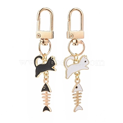 Cat & Fishbone Alloy Enamel Charms Pendants Decoration, with Swivel Clasps, Mixed Color, 72mm, 2pcs/set(KEYC-JKC00430)