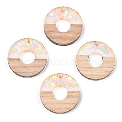 Transparent Resin & White Wood Pendants, Donut/Pi Disc Charms with Paillettes, Clear, 28x3.5mm, Hole: 2mm(RESI-N039-31)
