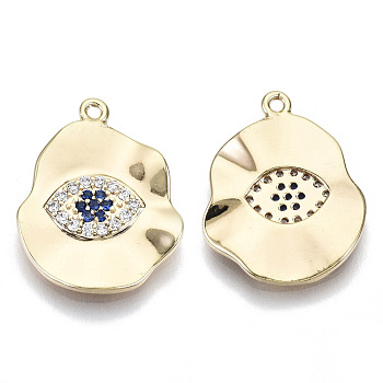 Brass Micro Pave Cubic Zirconia Pendants, Nickel Free, Oval with Eye, Real 18K Gold Plated, Blue, 19x14.5x1.5mm, Hole: 1mm