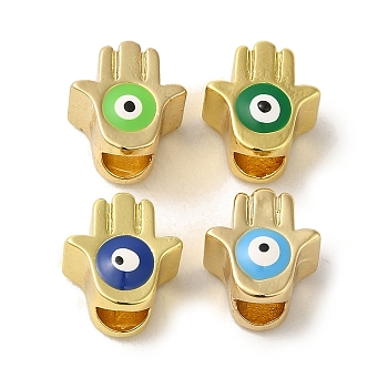 Brass Enamel Beads, Real 18K Gold Plated, Hamsa Hand with Evil Eye, Mixed Color, 11x10x7.5mm, Hole: 4.2mm