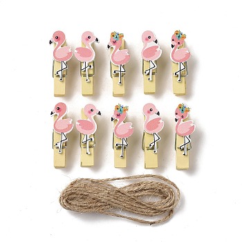 Wooden & Iron Clothes Pins, Flamingo Theme, with Hemp Rope for Hanging Note, Photo, Clothes, Office School Supplies, BurlyWood, Clip: 39x12~15x12mm, 5 style, 2pcs/style, 10pcs