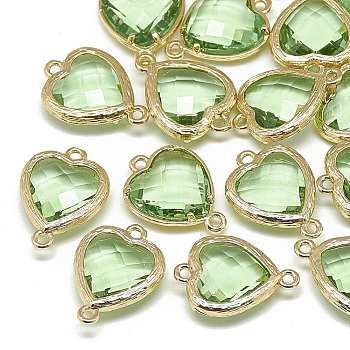 Glass Links connectors, with Golden Tone Brass Findings, Faceted, Heart, Light Green, 16x11.5x4.5mm, Hole: 1mm