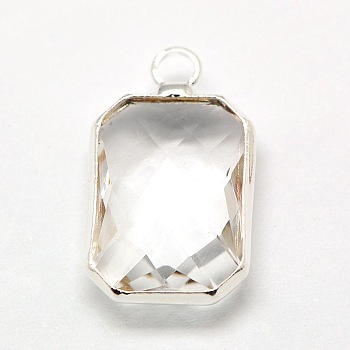 Silver Color Plated Brass Glass Rectangle Octagon Pendants, Faceted, Clear, 22x14x5mm, Hole: 2mm