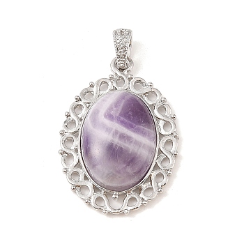 Natural Amethyst Pendants, with Platinum Tone Alloy Findings, Oval Charms, 41x28.5x7.5mm, Hole: 7.2x4mm