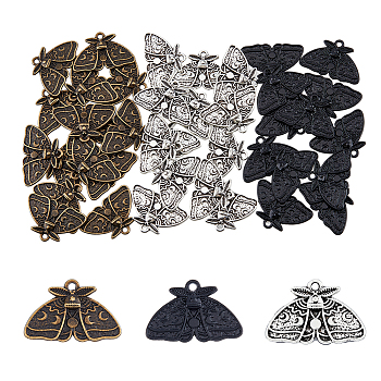 60Pcs 2 Colors Alloy Pendants, Moth with Moon Phase Charm, Mixed Color, 16x24.5x2mm, Hole: 1.8mm, 20pc/color