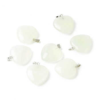Natural New Jade Pendants, with Platinum Tone Brass Findings, Heart, 27~28x24.5~26x6~8.5mm, Hole: 2.4x5.6mm