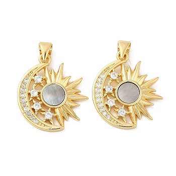 Brass Micro Pave Cubic Zirconia Pendants, with Shell, Long Lasting Plated. Cadmium Free & Lead Free, Moon & Sun, Real 18K Gold Plated, 22.5x19.5x2mm, Hole: 4.5x3.5mm