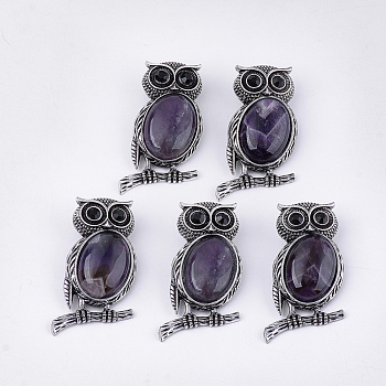 Natural Amethyst Brooches/Pendants, with Rhinestone and Alloy Findings, Owl, Antique Silver, 51x28~29x15~16.5mm, Hole: 4.5x8.5mm, Pin: 0.5mm