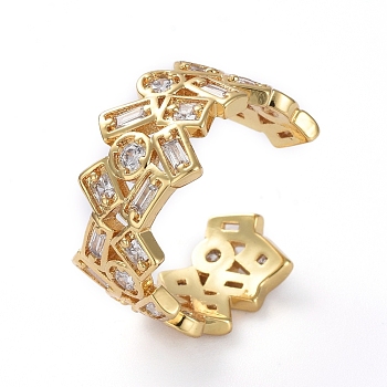Adjustable Brass Cuff Finger Rings, with Micro Pave Cubic Zirconia, Clear, Golden, Size 8, 18.5mm