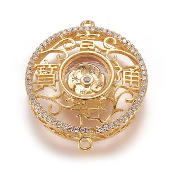 Brass Micro Pave Cubic Zirconia Links, with Glass, Flat Round with Chinese Character, Golden, 28x23x7mm, Hole: 1mm