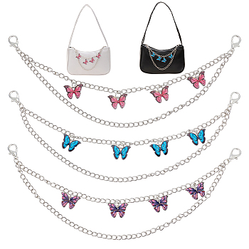 WADORN 3Pcs 3 Colors Iron Decorative 2-Layer Bag Chains, Pants Chain, with Alloy Enamel Butterfly Charms, Mixed Color, 29cm, 1pc/color