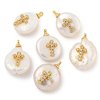 Natural Cultured Freshwater Pearl Pendants, with Cubic Zirconia and Brass Findings, Long-Lasting Plated, Cross, Real 18K Gold Plated, 14~21x9~16x5~9mm, Hole: 1.5mm