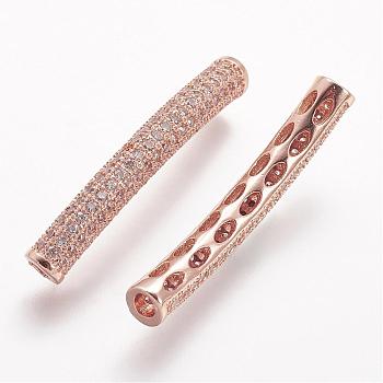 Brass Micro Pave Cubic Zirconia Tube Beads, Tube, Curved, Clear, Rose Gold, 31.5x4.2mm, Hole: 2mm